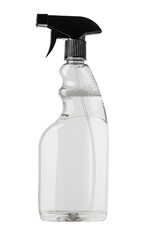 Transparent plastic spray bottle filled with cleaning liquid on white background