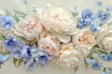 Obraz premium Delicate arrangement of pastel peonies and blue flowers.