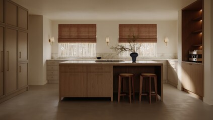 Kitchen room interior with island in brown mocha mousse color with modern decoration.  3D rendering