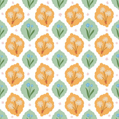 Daisy and Forget-Me-Not Pattern. Whimsical flower pattern with hand-drawn daisies and forget-me-nots in soft pastel shapes. Great for spring-themed projects.