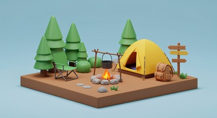 Camping Scene on Brown Platform 3D Render