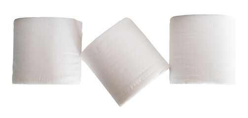 Three rolls of white tissue paper or toilet paper in stack isolated with clipping path in png file format