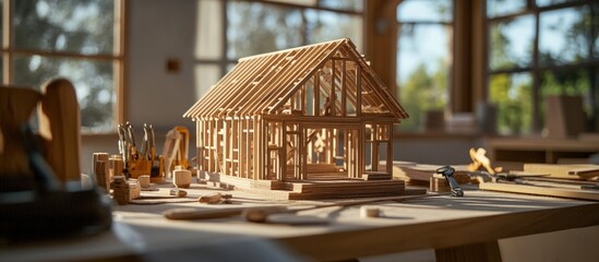 Architectural Model of Wooden House Under Construction on a Carpenter's Table