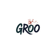 A minimalist, urban-style graphic with a black background, featuring the word "GROO" in bold, white brushstroke text. A dripping gold crown rests over the "G," symbolizing power and growth. Below the 