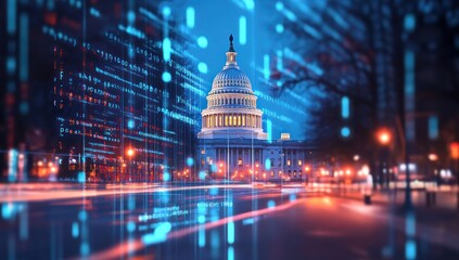 US Capitol Building at Night with Digital Overlay