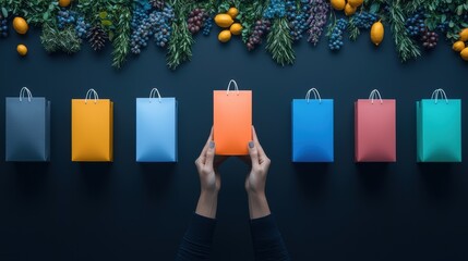 Hands Holding Orange Bag Among Colorful Gift Packaging Display