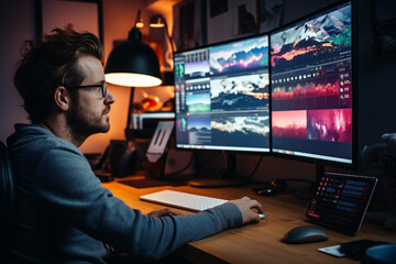 The man successfully completes a large project by effectively managing task priorities and work completion, achieving a 100 percent score on the virtual screen timeline  