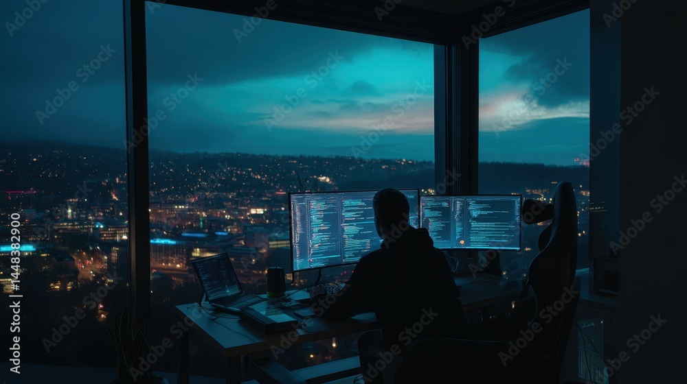 Poster a person working at a desk with multiple monitors, overlooking a city skyline at dusk, showcasing a 