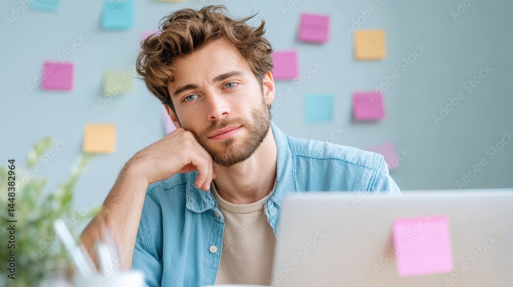 Poster young man sitting at a desk, looking thoughtful with colorful sticky notes in the background. softwa