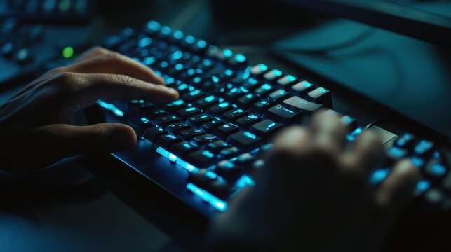 Close-up of a person's hands typing on a backlit keyboard in a dark environment, emphasizing technology and digital interaction. Software Developer coding programer