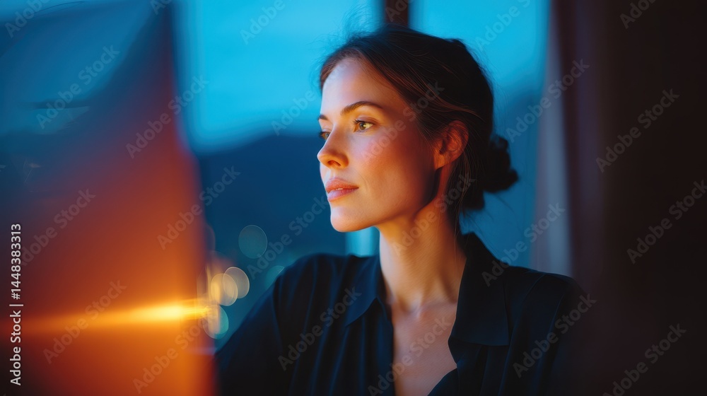 Poster a woman gazes thoughtfully at her computer screen in a dimly lit room, with soft lighting and a sere