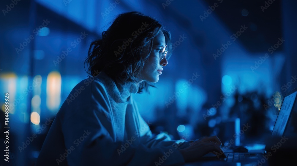 Poster a woman with curly hair works intently on a computer in a dimly lit, blue-toned environment. softwar