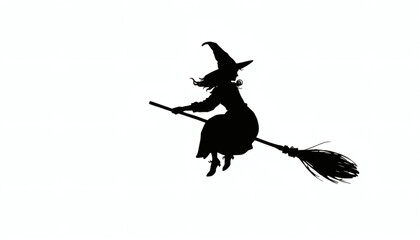 Obraz premium Silhouette of Witch Flying on Broomstick Isolated on White Background for Spooky and Magical Halloween Designs