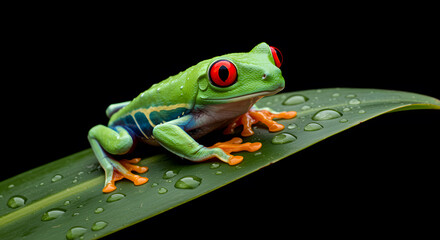 Vibrant Red-Eyed Tree Frog on Dew-Kissed Leaf