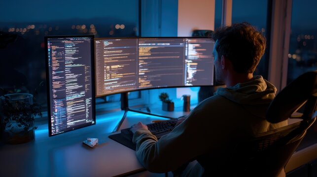 A person coding at a multi-monitor setup, illuminated by blue light, creating a focused work environment in a modern space. Software Developer coding programer