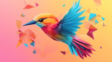 Obraz premium Colorful polygonal hummingbird in flight, surrounded by geometric shapes