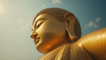 Side View of Giant Golden Buddha Head Against Bright Sky Perspective Emphasis with Peaceful and Majestic Tone