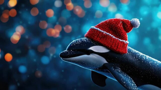 A playful orca wearing a festive red hat in a snowy underwater scene.