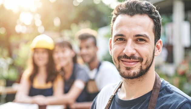 Smiling young male barista wearing an apron posing with diverse colleagues outdoors celebrating Labor Day. Concept of teamwork and diversity.
