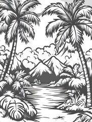 A Black And White Tropical Landscape Depicting Paradise