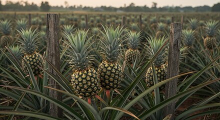 Pineapple Plantation at Sunset: Golden Hour Pineapples Growing in Rows
