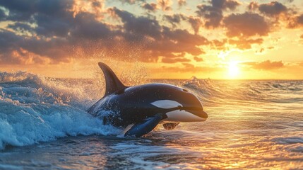 Fototapeta premium Majestic orca leaping through sunset waves