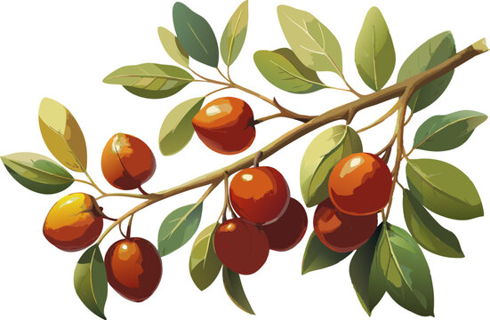 A watercolor depiction of a Jujube Tree (Ziziphus jujuba), with small oval leaves and edible brown fruit, isolated on a white background.