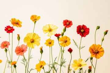 Fototapeta premium Colorful cosmos flowers in various shades against a plain background.