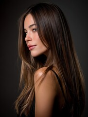 Naklejka premium A woman with long brown hair is posing for a picture