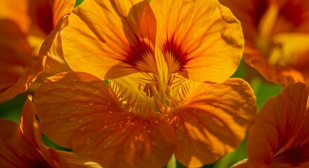 Close-up of Orange Flower with Red Veins and Dew Drops