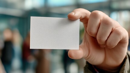 Close-Up of Hand Holding Blank White Card in Business Setting