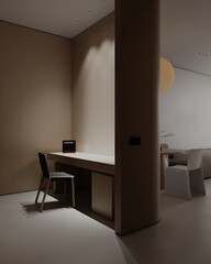 Desk and study space at the room near living mocha color. Home office