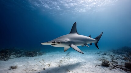 Obraz premium Magnificent hammerhead shark gracefully gliding through ocean's tranquil waters