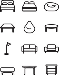 A clean, modern set of minimalistic furniture outline icons in black and white. 