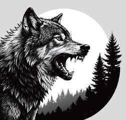 Snarling Wolf with Open Mouth
