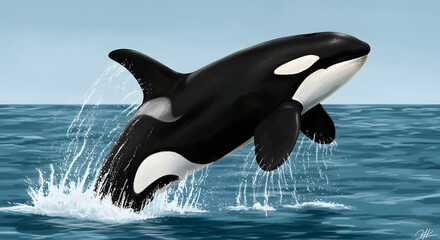Majestic Orca Leaping: A Breathtaking Digital Painting of a Killer Whale's Oceanic Ballet