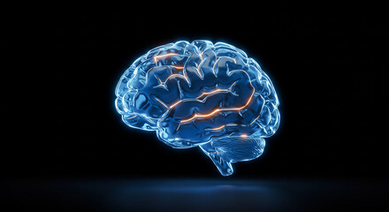 Glowing blue human brain showing neural activity on black background