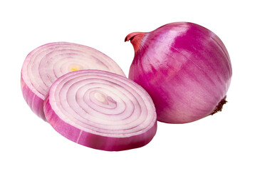 Single fresh peeled red or purple Spanish onion bulb with two onion slices in circles in stack isolated with clipping path in png file format