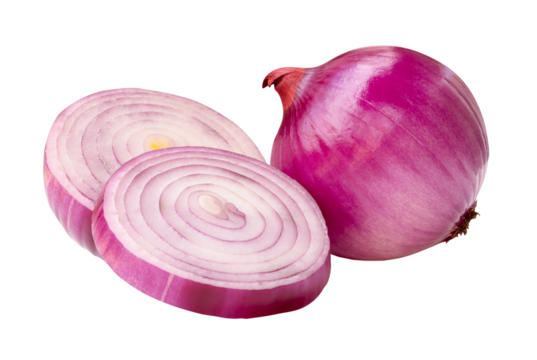 Single fresh peeled red or purple Spanish onion bulb with two onion slices in circles in stack isolated with clipping path in png file format