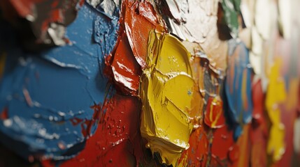 Close-up view of vibrant, textured, abstract painting.  Thick, impasto style, bold colors