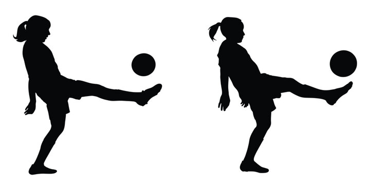 Two Female Soccer Players Kicking Ball – Dynamic Silhouette Action Sports Illustration in Black and White