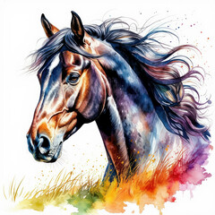 Beautiful watercolor drawing of a horse's head on a white background.