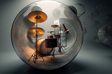 A drumset encased within a distorting glass sphere, creating a surreal and abstract visual.