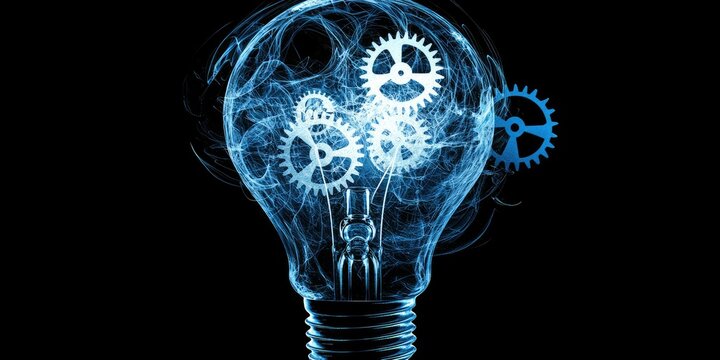 Vector illustration of a lightbulb with gears turning, symbolizing a thought process leading to an innovative solution.