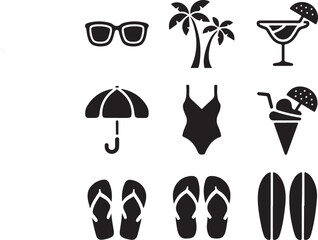 A cheerful vector illustration set of black summer-themed icons on a white background