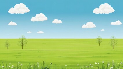 Illustrated wide grassland with puffy clouds