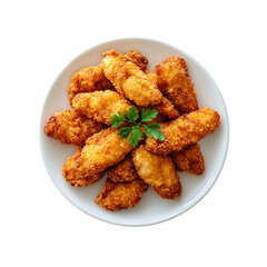 Crispy Fried Chicken Tenders on White Plate with Parsley isolated on a transparent background.

