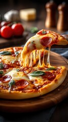 Cheesy slice of hot pizza being lifted with melted mozzarella – ideal for food delivery campaigns, restaurant promotions, or content showcasing comfort food and irresistible cravings
