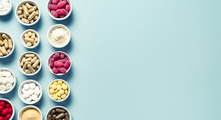 bowls with fruit top view and plain background with space for text