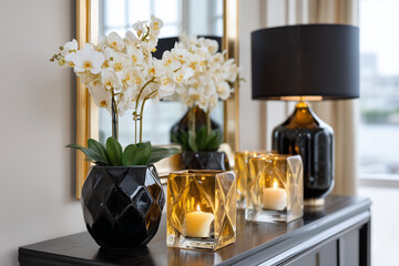 Black Console Table with White Orchids and Amber Candle Holders